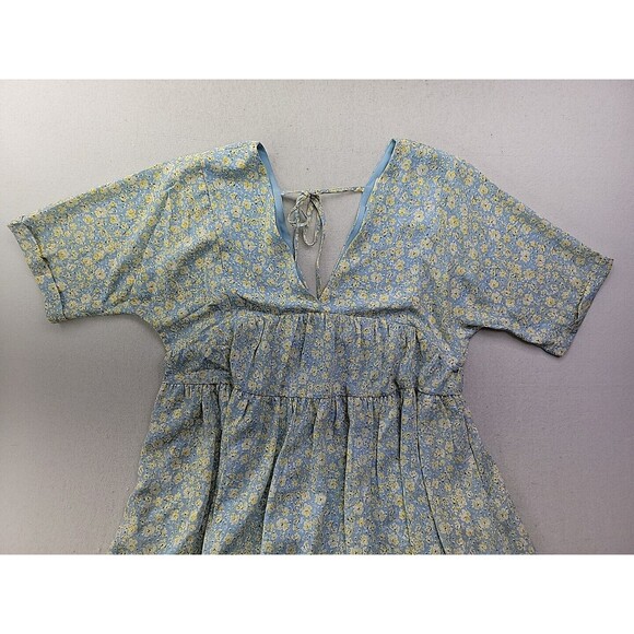 Beachly Floral Lined Sun Tiered Dress Blue Yellow Flowers Flowy Loose Fit - M - Picture 3 of 9